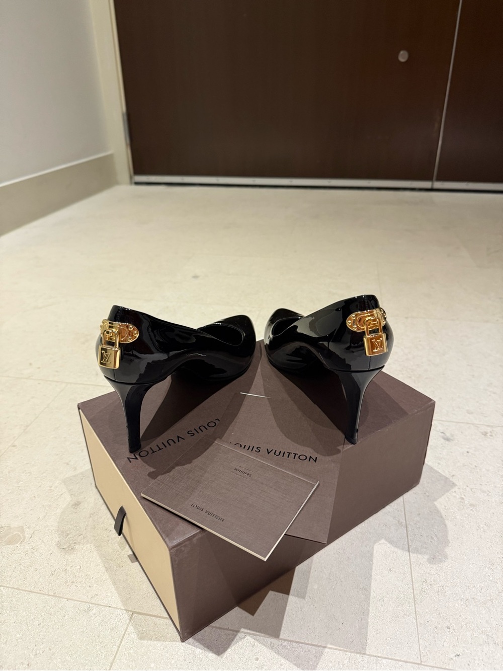 Louis Vuitton Black Patent Leather Padlock Stiletto Pumps